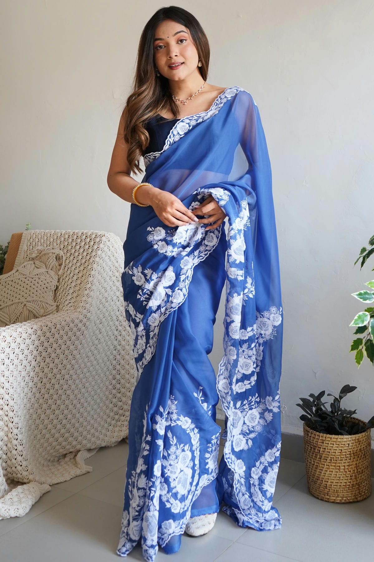 Blue Colour Organza Silk Designer Saree