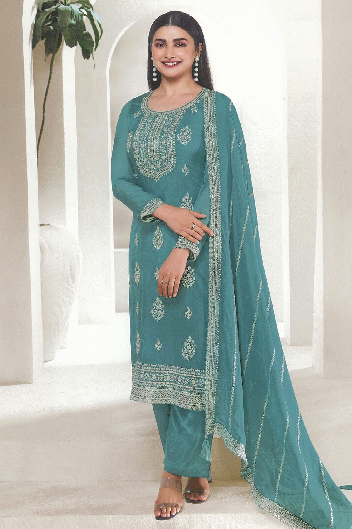 Blue Colour Organza Straight Suit