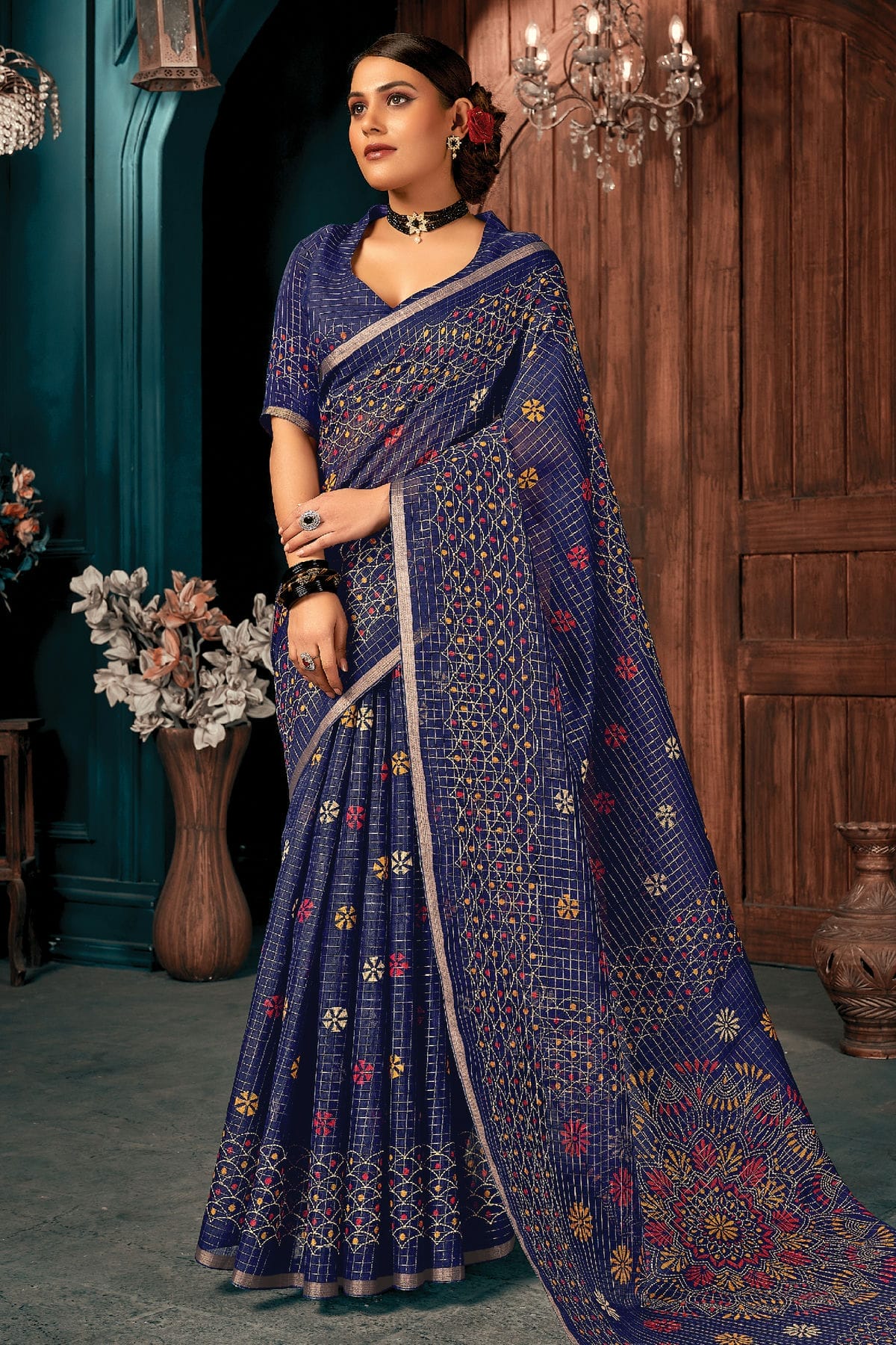 Blue Colour Printed Work Cotton Saree