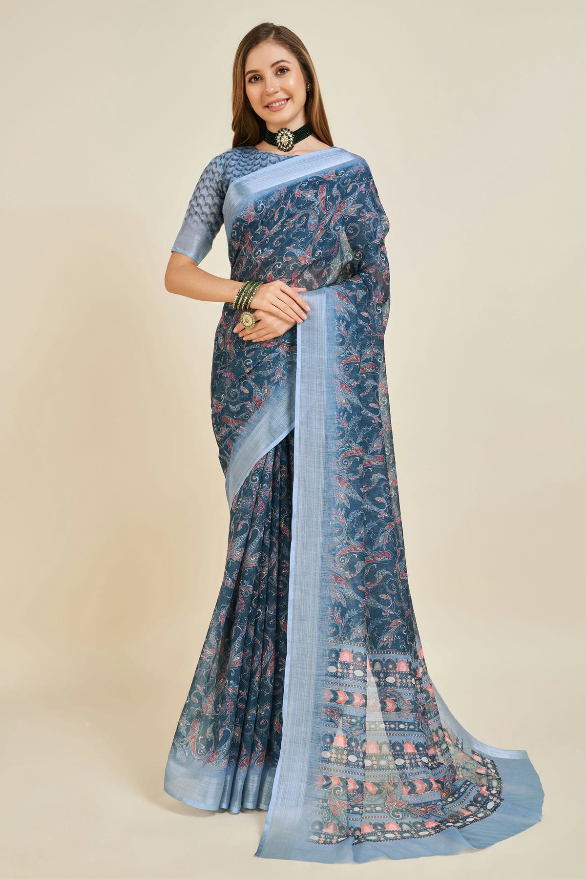 Blue Colour Printed Work Linen Saree