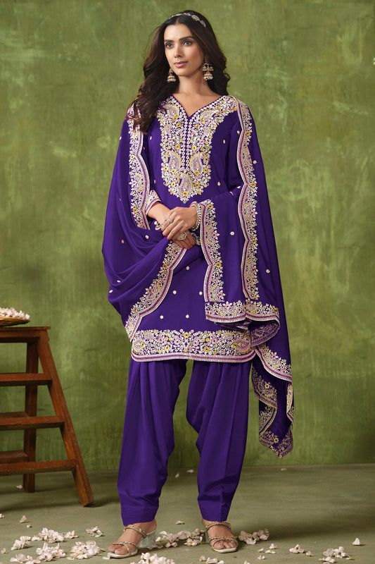 Blue Colour Roman Silk Patiala Suit