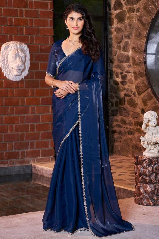 Blue Colour Satin Jimmy Silk Designer Saree