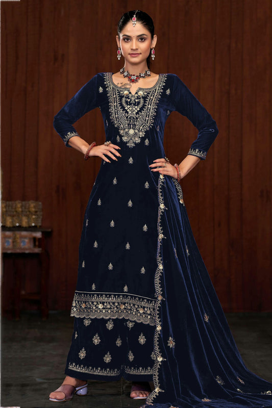 Blue Colour Semi Stitched 9000 Velvet Palazzo Pant Suit