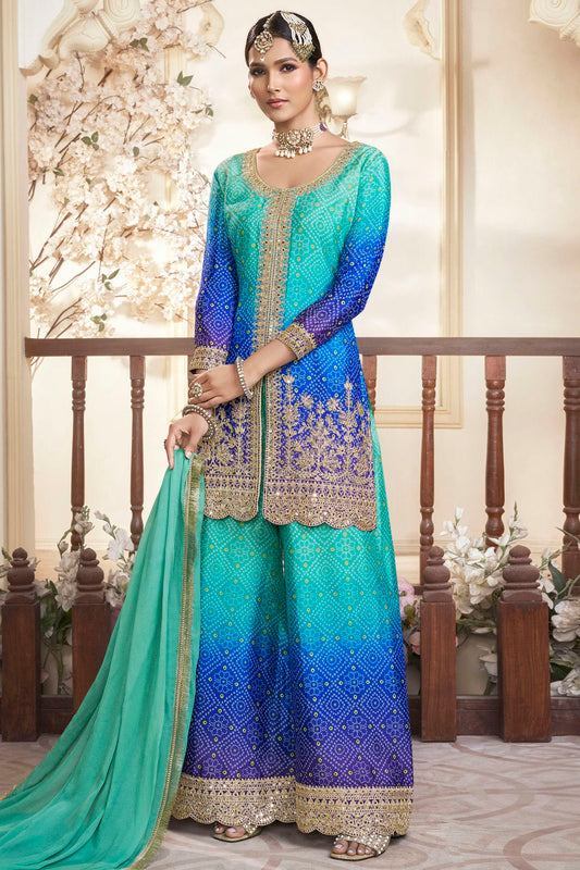 Blue Colour Semi Stitched Chinon Silk Palazzo Pant Suit VSSM1140694