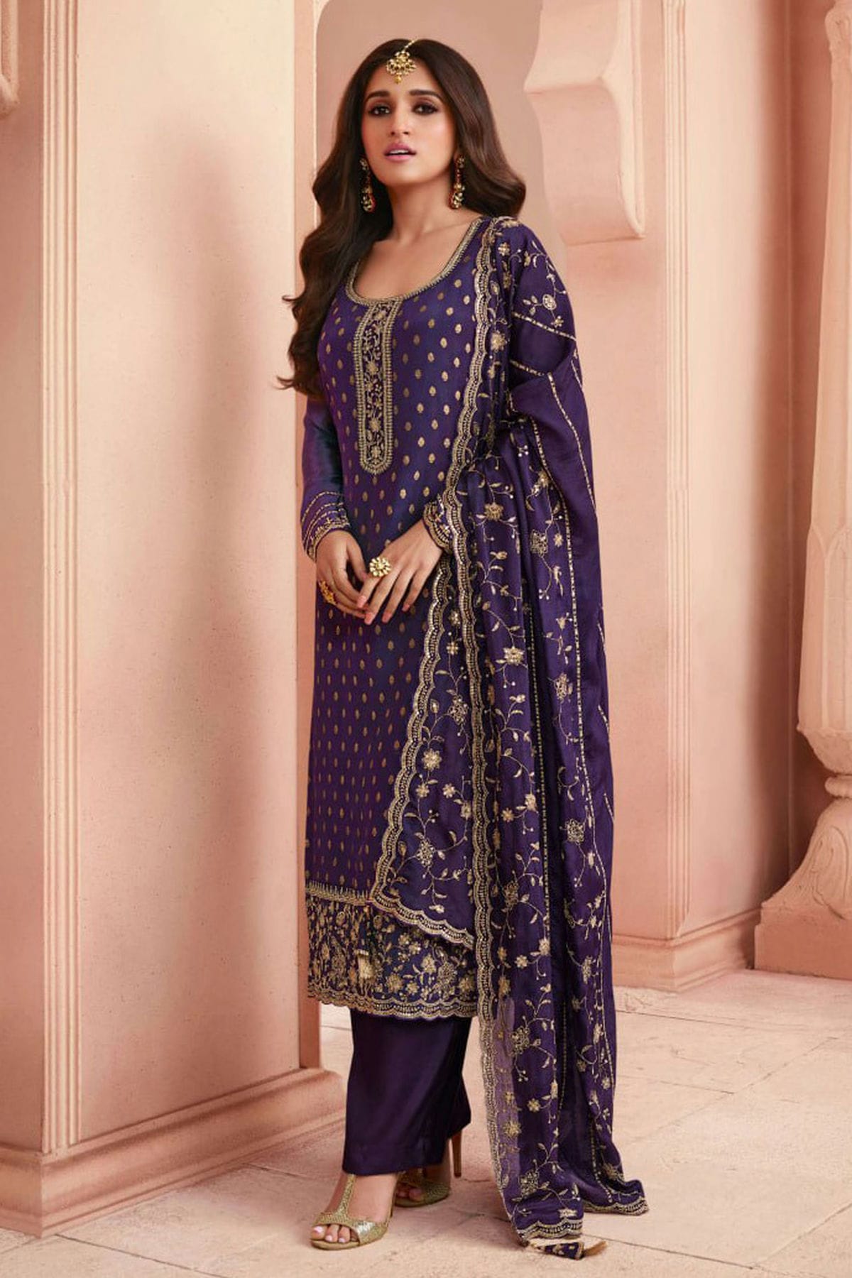 Blue Colour Semi Stitched Dola Jacquard Silk Pant Style Suit