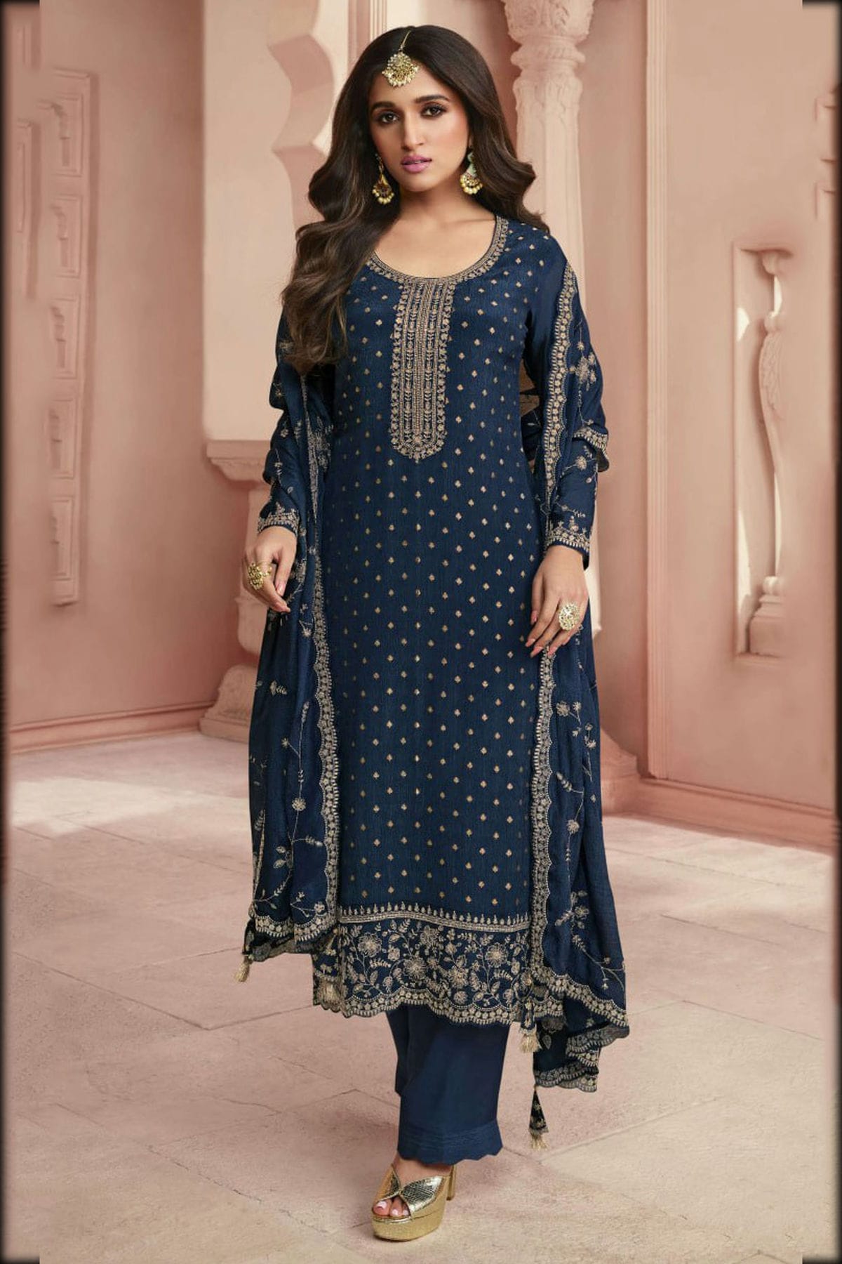 Blue Colour Semi Stitched Dola Jacquard Silk Pant Style Suit