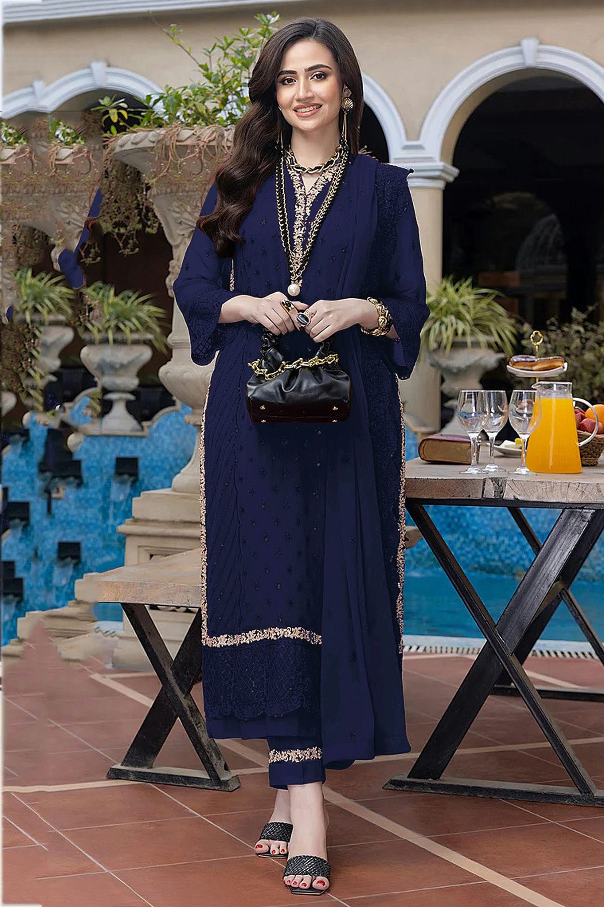 Blue Colour Semi Stitched Faux Georgette Pakistani Suit