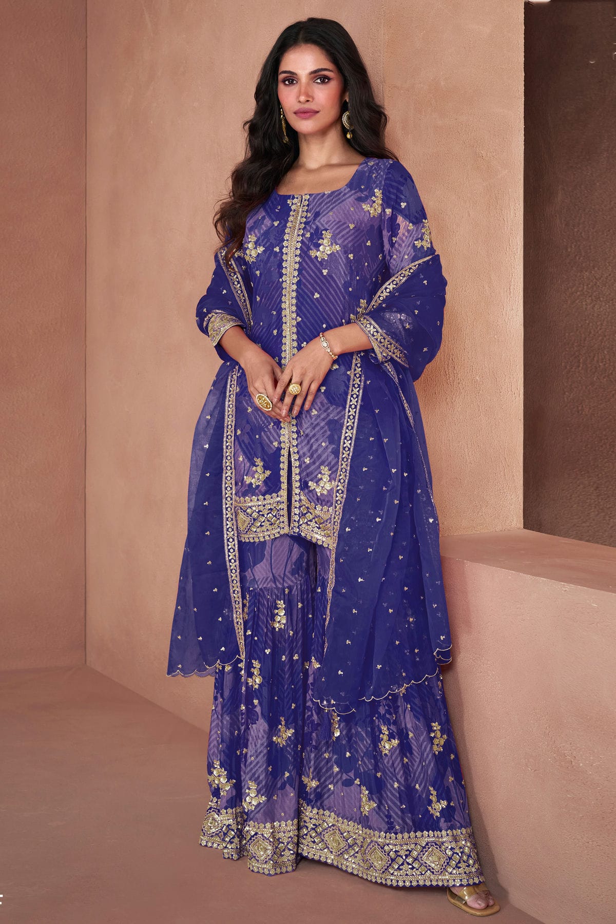 Blue Colour Semi Stitched Faux Georgette Sharara Suit