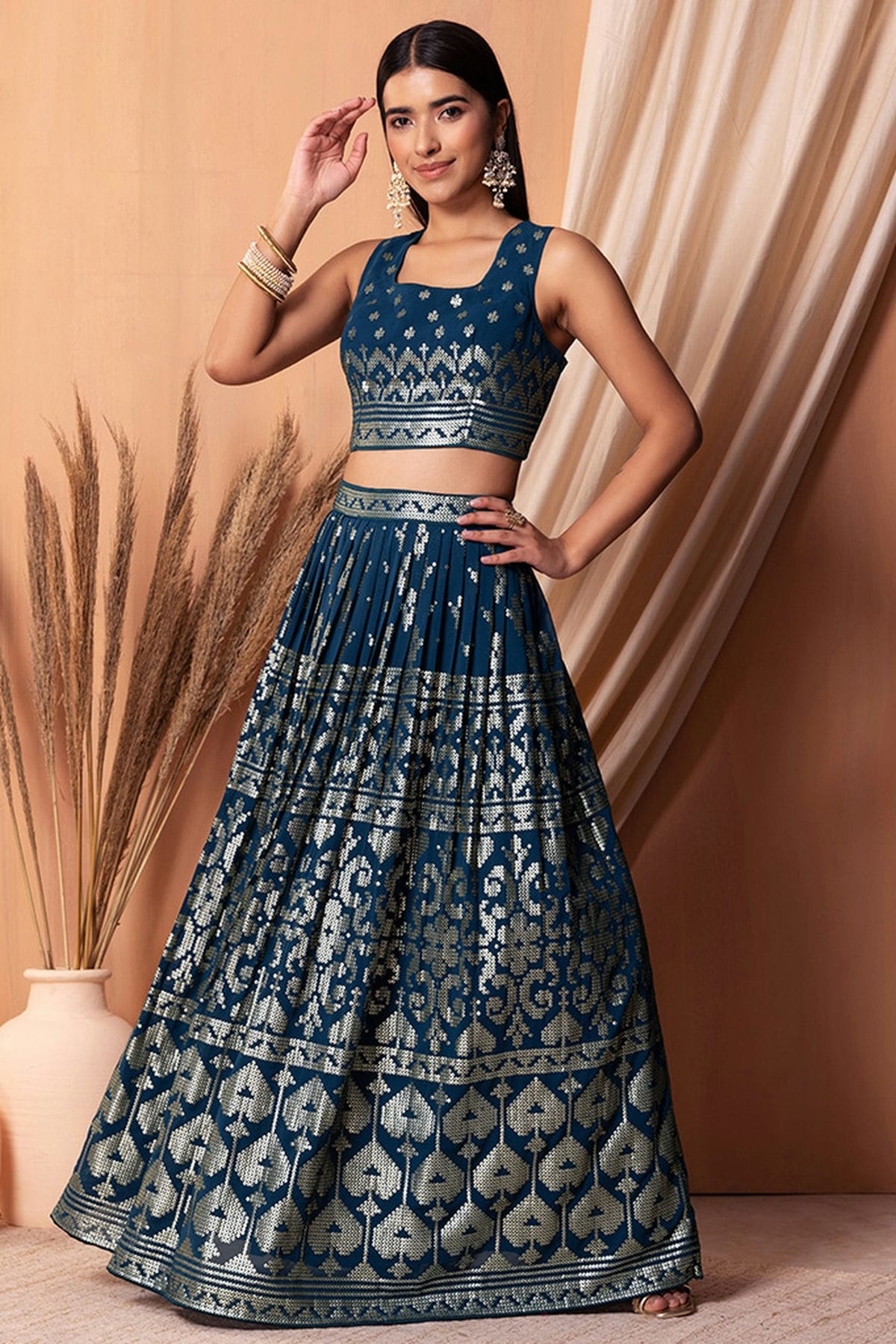 Blue Colour Semi Stitched Georgette Lehenga Choli VSLC1010308