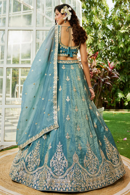 Blue Colour Semi Stitched Organza Lehenga Choli VSLC1112556