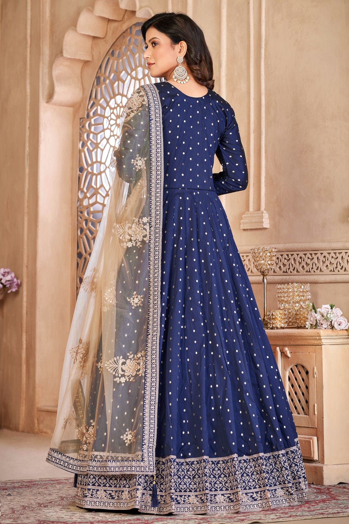 Blue Colour Semi Stitched Taffeta Silk Anarkali Suit