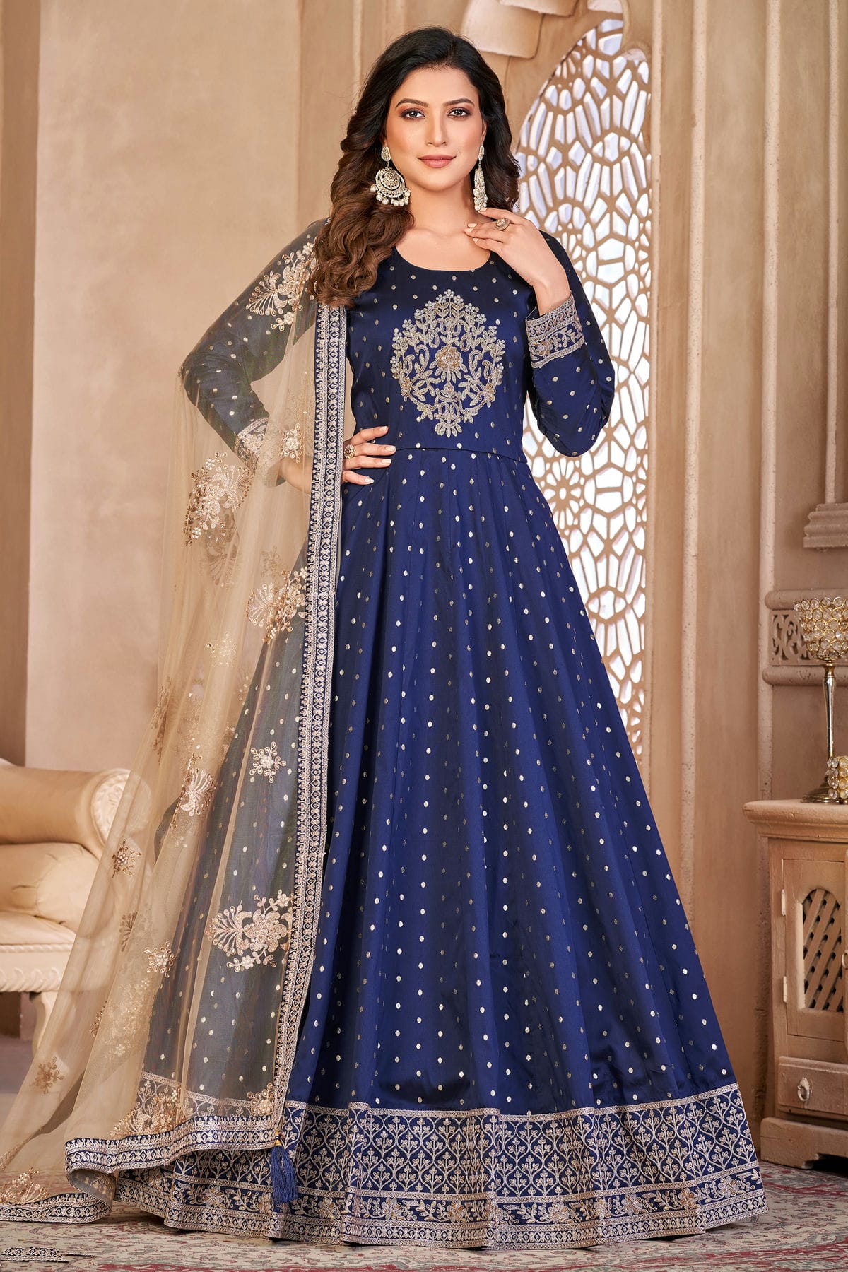 Blue Colour Semi Stitched Taffeta Silk Anarkali Suit