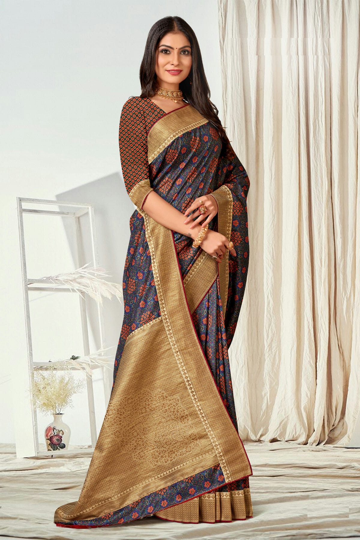 Blue Colour Tussar Silk Printed Saree