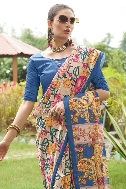 Blue Colour Tussar Silk Printed Saree