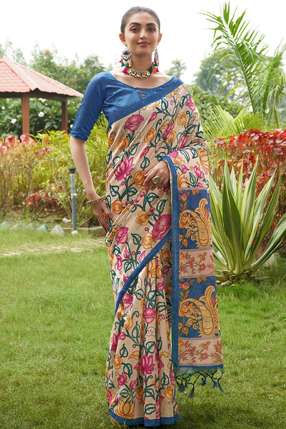 Blue Colour Tussar Silk Printed Saree