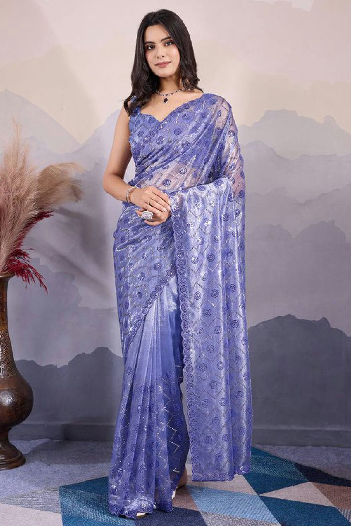 Blue Colour Twill Net Sequins Work Saree