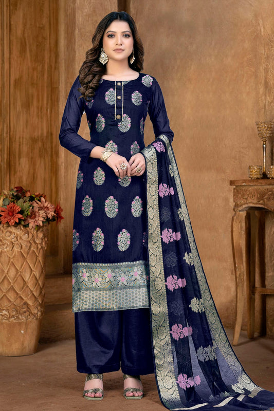 Blue Colour Unstitched Banarasi Jacquard Palazoo Pant Suit