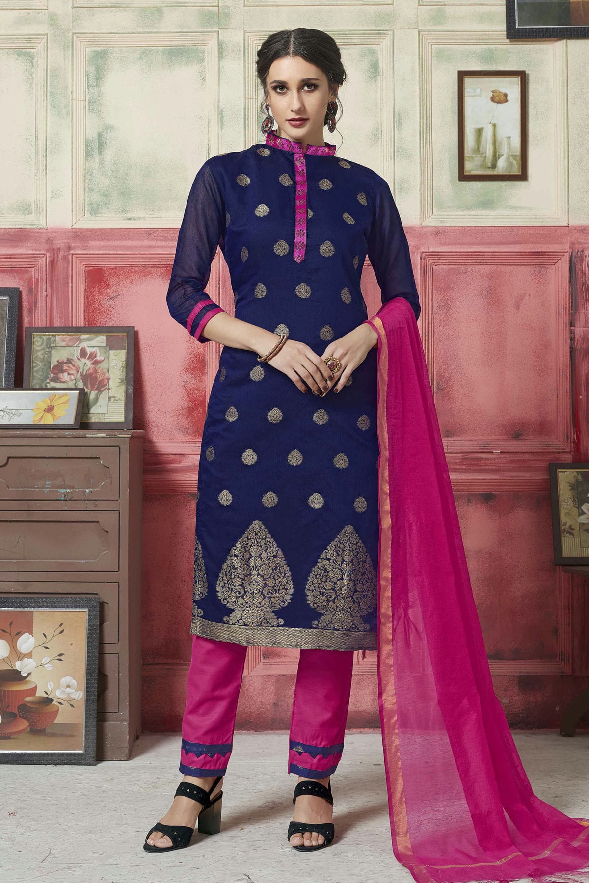 Blue Colour Unstitched Banarasi Silk Fabric Straight Suit