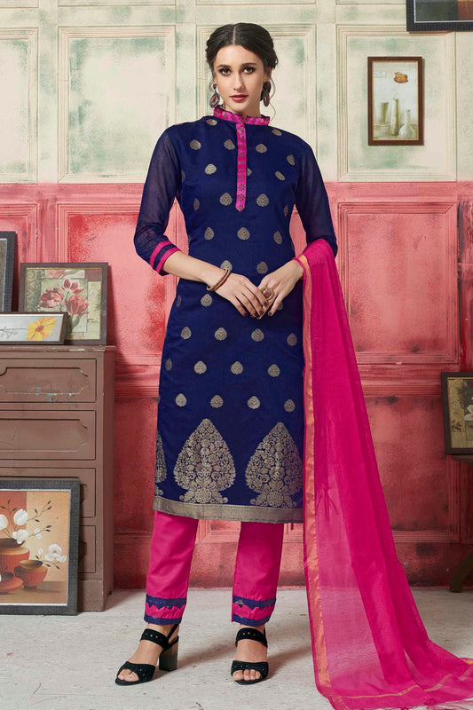 Blue Colour Unstitched Banarasi Silk Fabric Straight Suit