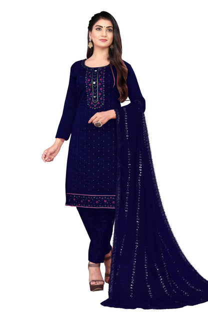 Blue Colour Unstitched Chanderi Cotton Straight Suit