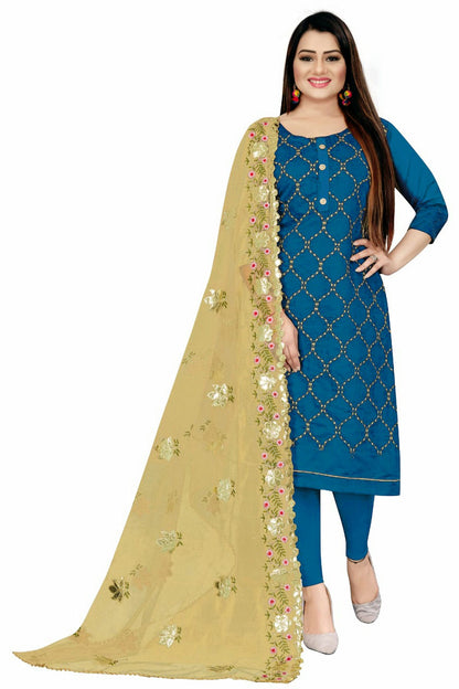 Blue Colour Unstitched Chanderi Straight Suit