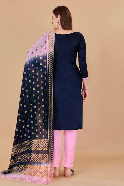 Blue Colour Unstitched Cotton Jacquard Straight Suit