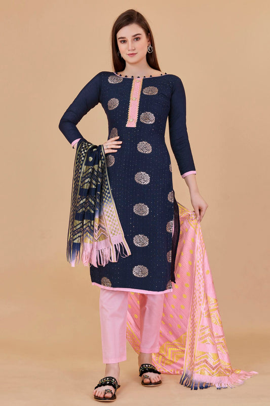 Blue Colour Unstitched Cotton Jacquard Straight Suit