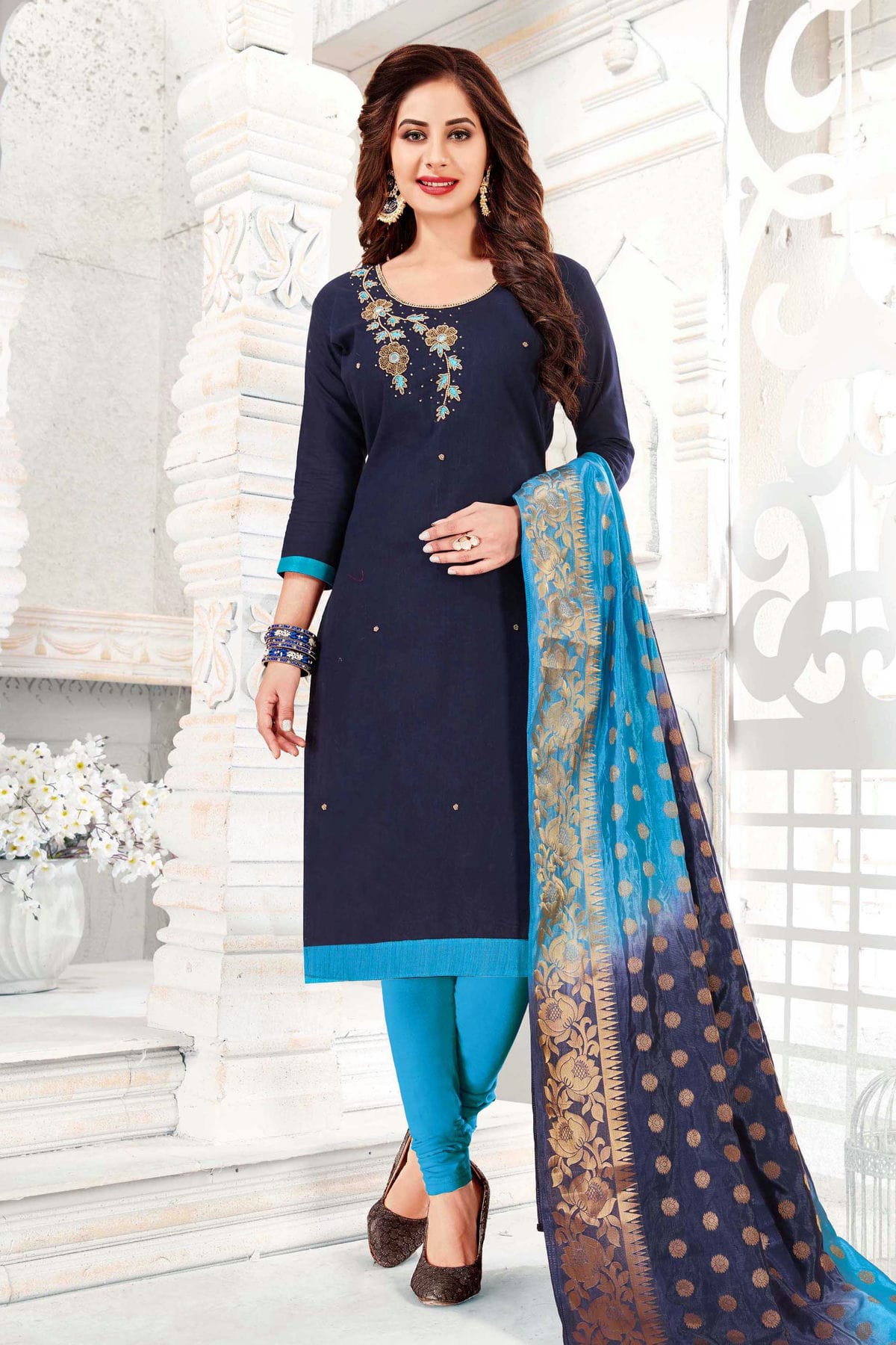 Blue Colour Unstitched Cotton South Slub Churidar Suit