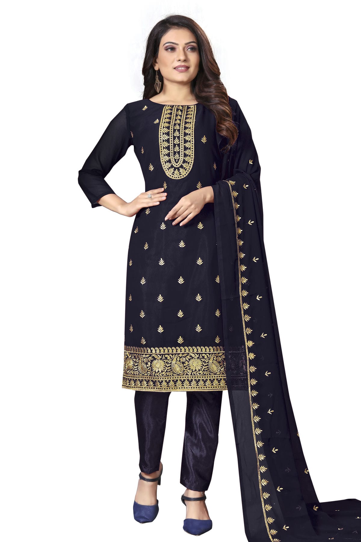 Blue Colour Unstitched Faux Georgette Straight Suit