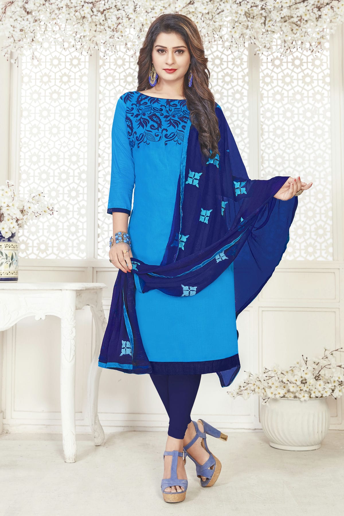 Blue Colour Unstitched Glace Cotton Churidar Suit