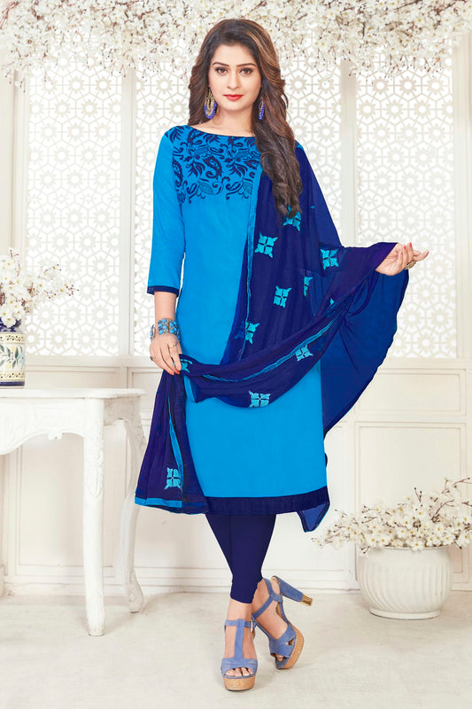 Blue Colour Unstitched Glace Cotton Churidar Suit