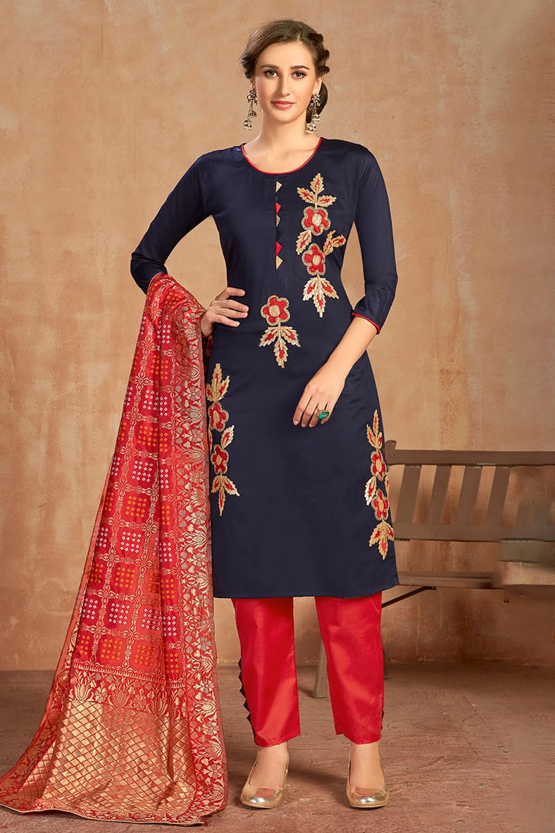 Blue Colour Unstitched Glaze Cotton Pant Style Suit