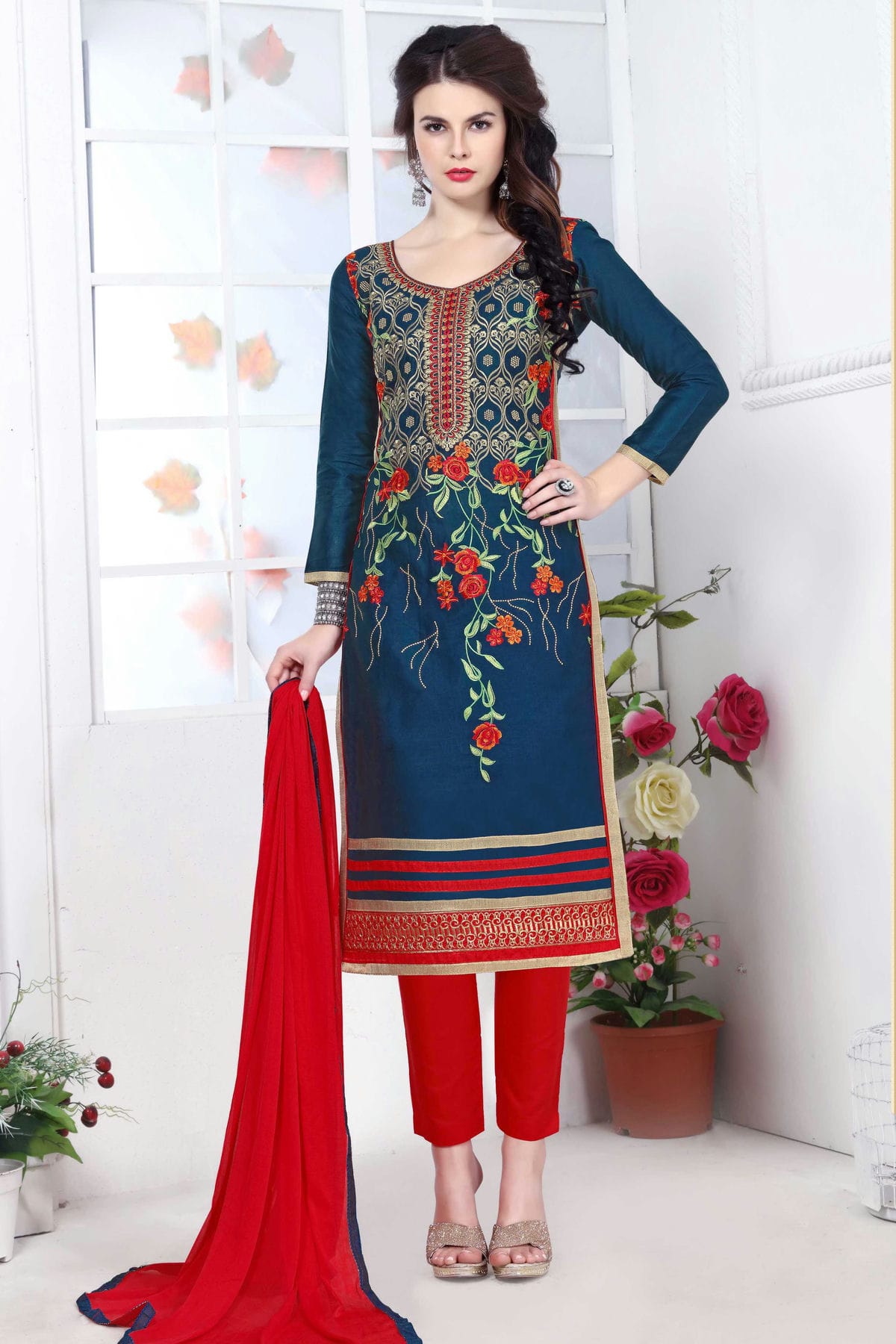 Blue Colour Unstitched Glaze Cotton Straight Suit