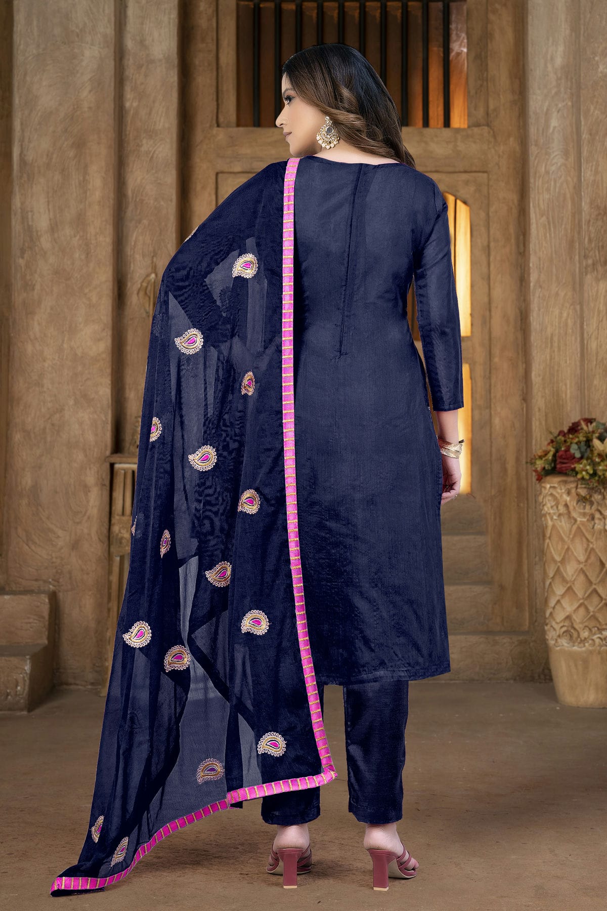 Blue Colour Unstitched Modal Chanderi Pant Style Suit