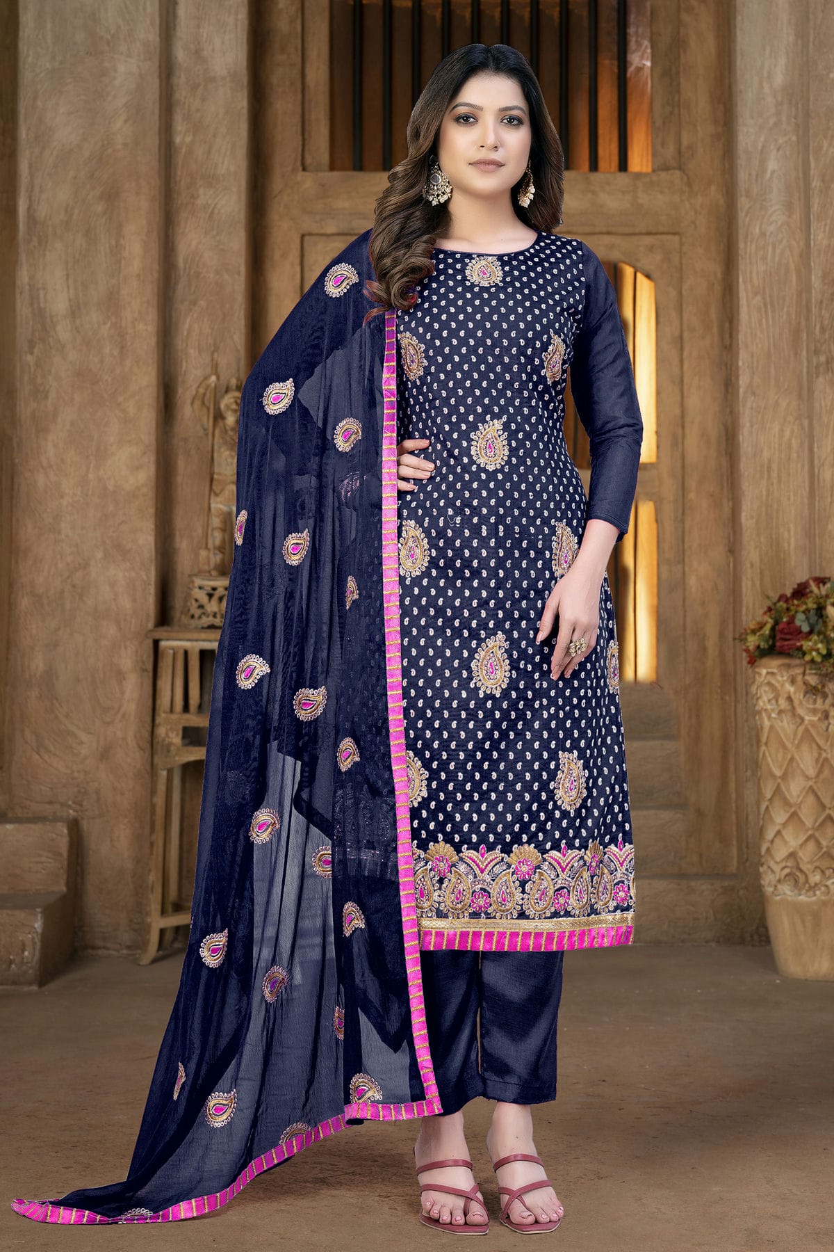 Blue Colour Unstitched Modal Chanderi Pant Style Suit