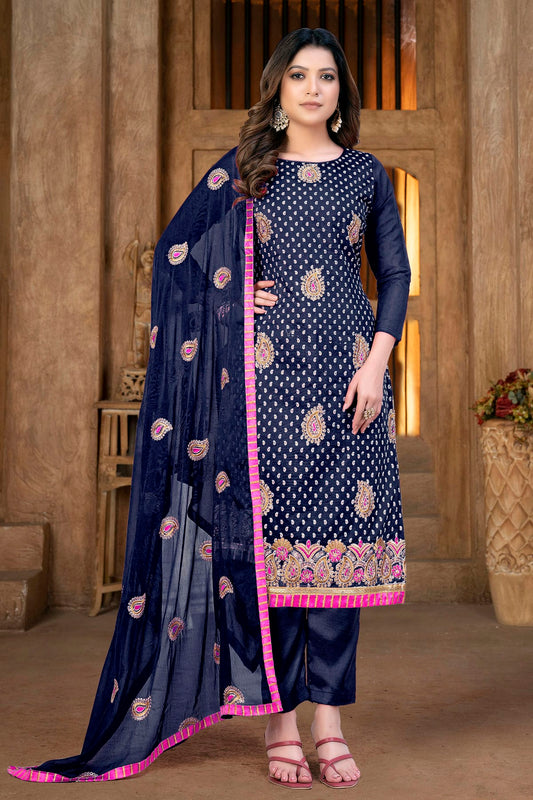 Blue Colour Unstitched Modal Chanderi Pant Style Suit