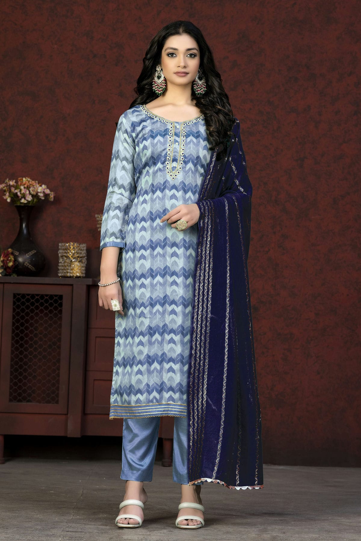 Blue Colour Unstitched Modal Cotton Pant Style Suit