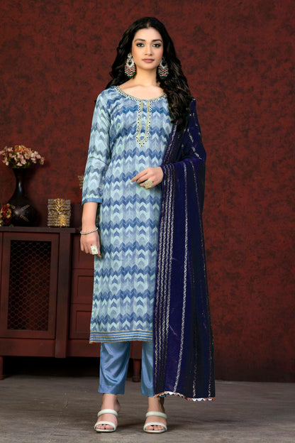 Blue Colour Unstitched Modal Cotton Pant Style Suit