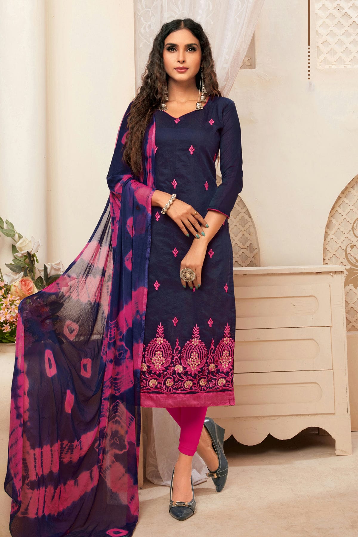 Blue Colour Unstitched Modal Silk Straight Suit