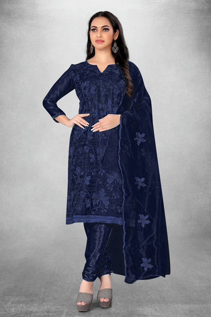 Blue Colour Unstitched Organza Churidar Suit