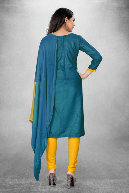 Blue Colour Unstitched Slub Cotton Churidar Suit