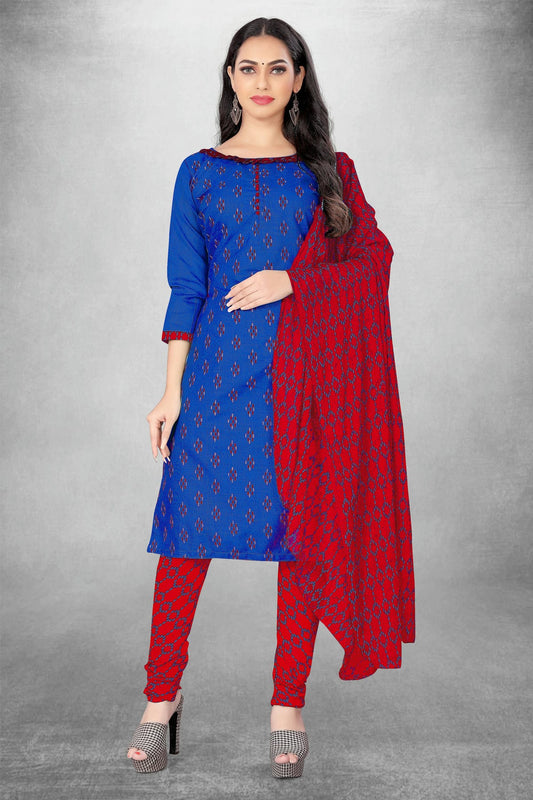 Blue Colour Unstitched Slub Cotton Churidar Suit