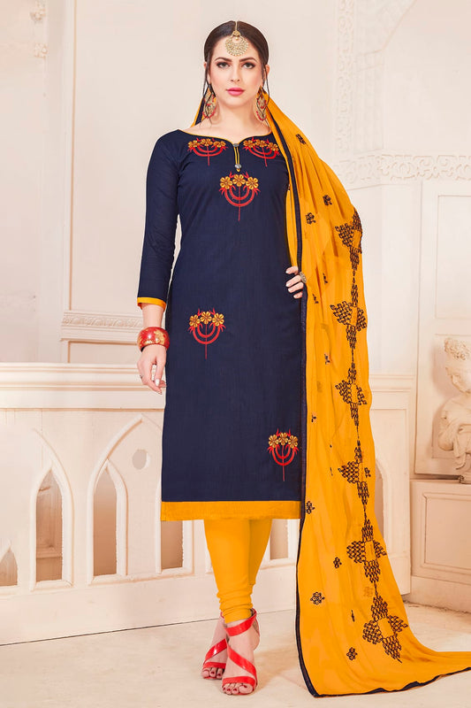 Blue Colour Unstitched South Cotton Slub Churidar Suit