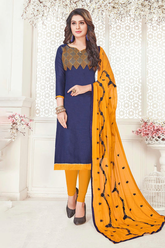 Blue Colour Unstitched South Cotton Slub Churidar Suit