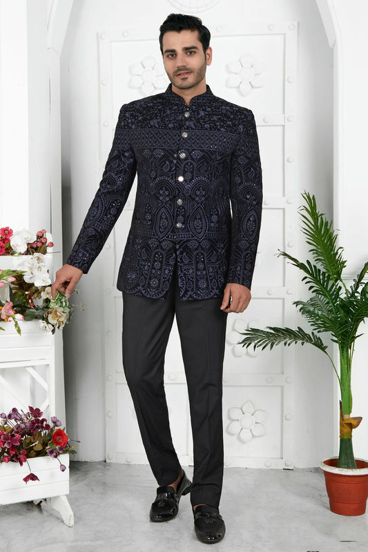 Blue Colour Velvet Jodhpuri Jacket