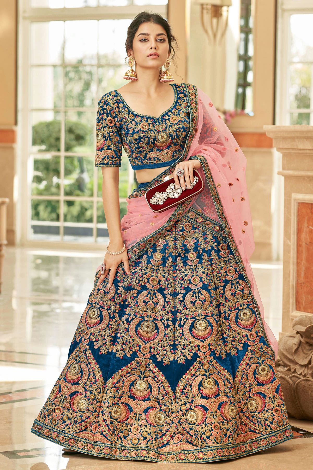 Blue Colour Velvet Lehenga Choli