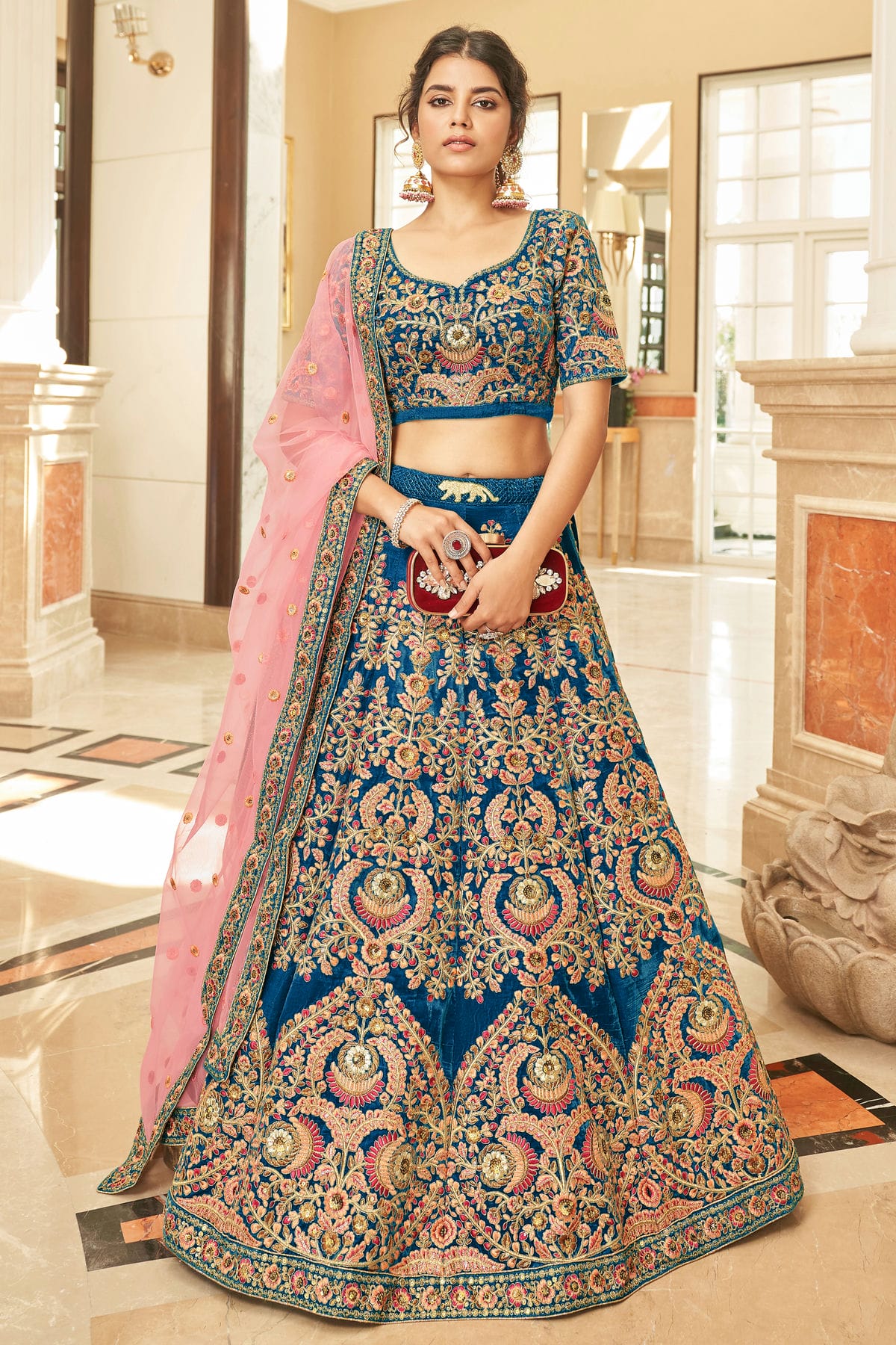 Blue Colour Velvet Lehenga Choli