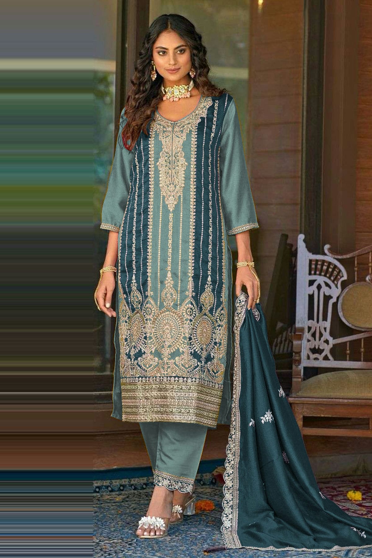 Blue Colour Vichitra Silk Straight Suit