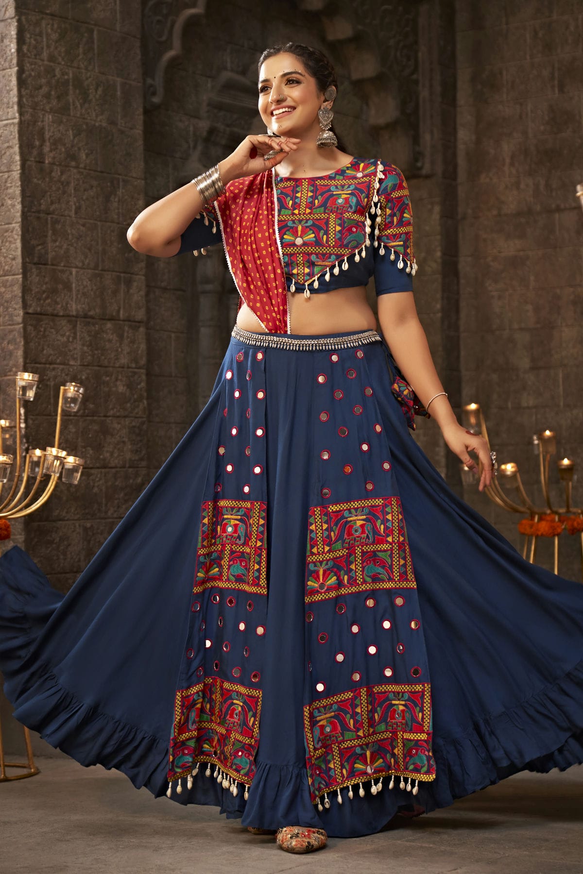 Blue Colour Viscose Rayon Navratri Lehenga