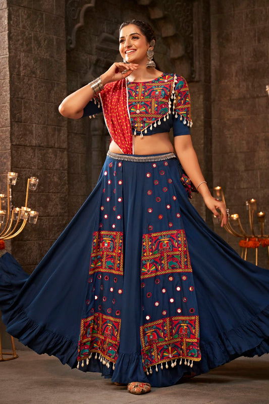 Blue Colour Viscose Rayon Navratri Lehenga